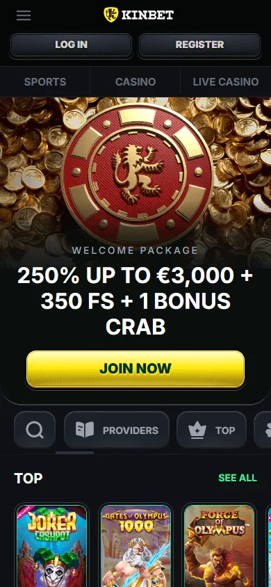 Kinbet Casino mobile browser home on a smartphone