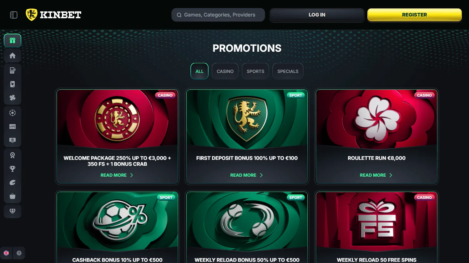 Kinbet Casino desktop promotions area with welcome and recurring offers
