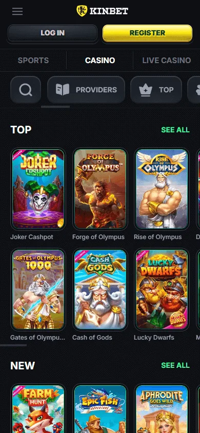 Kinbet Casino mobile browser games area on a smartphone