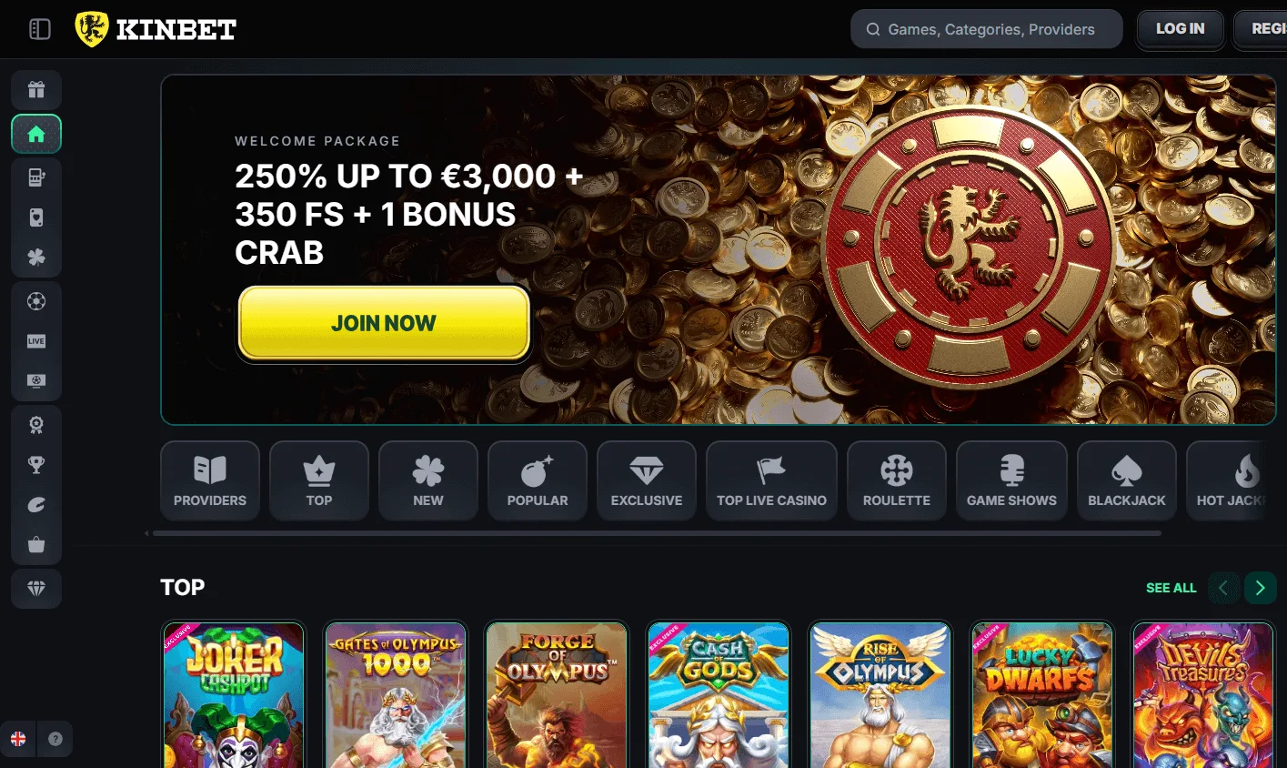 Kinbet Casino desktop home with casino and betting options