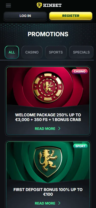 Kinbet Casino mobile browser promotions area on a smartphone