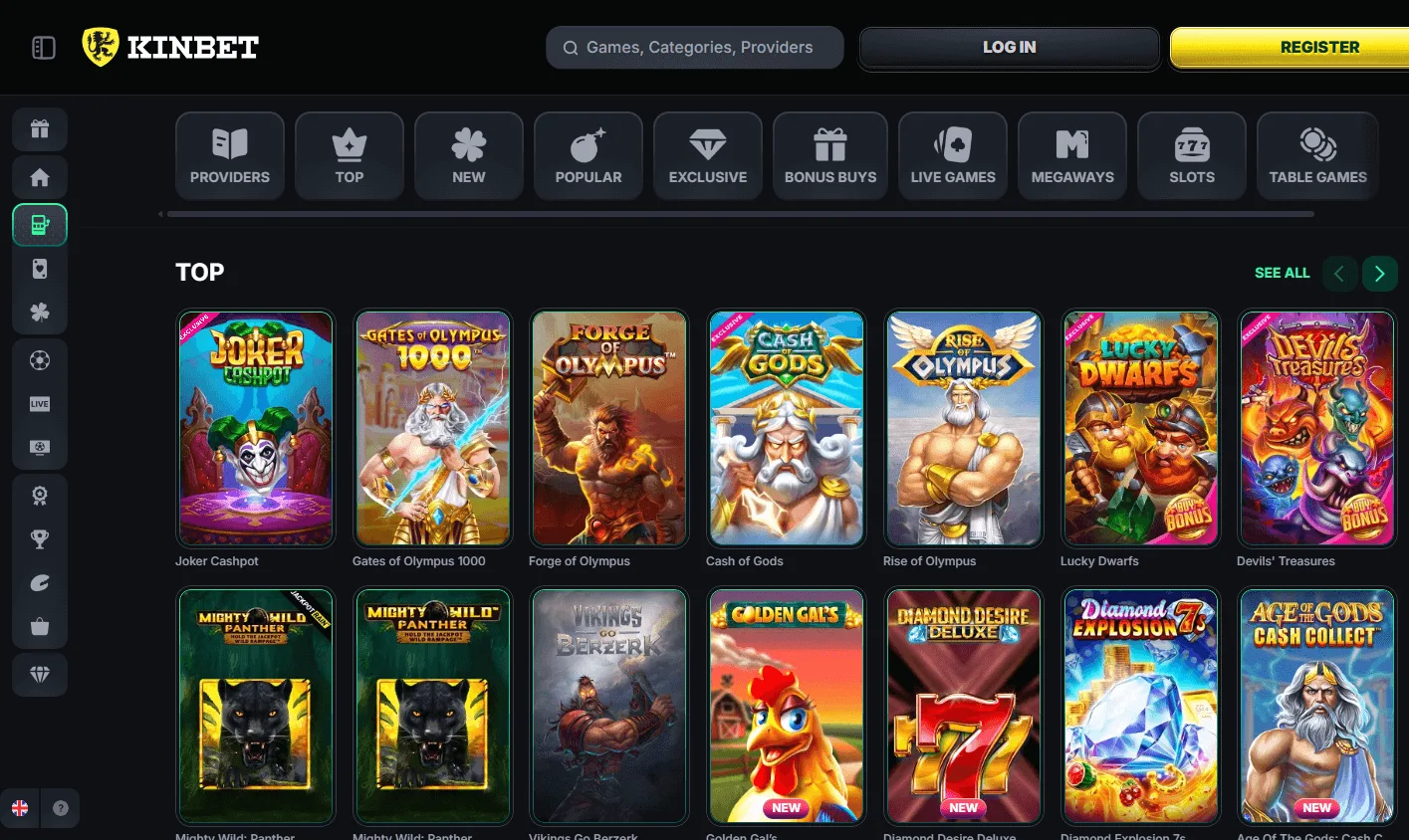 Kinbet Casino desktop games area with casino categories